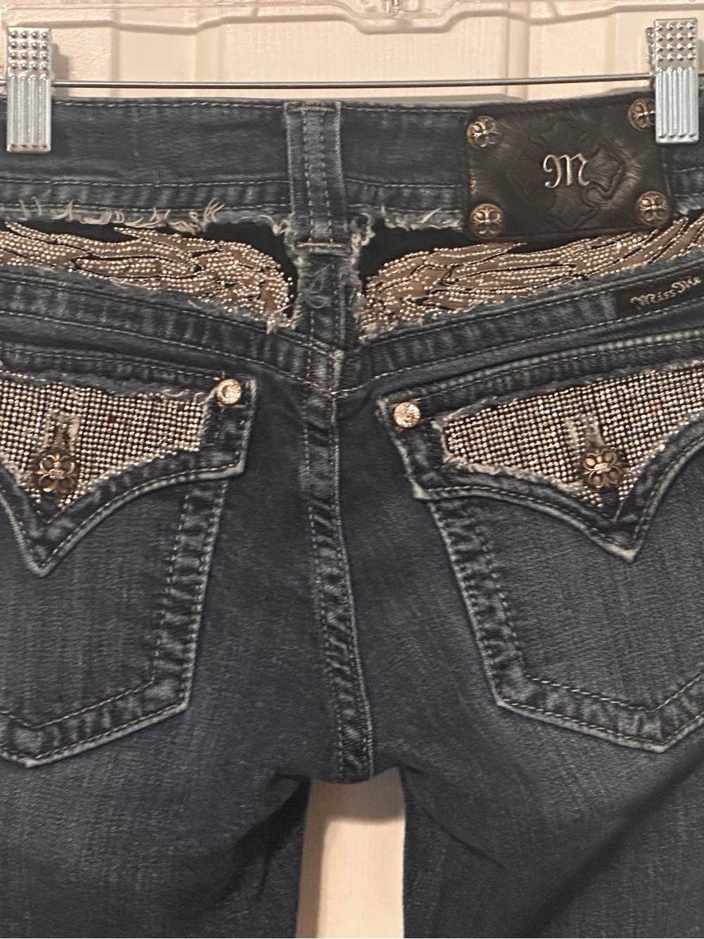 Miss Me Dark Wash Bootcut Jeans with Metallic Beaded Wing Embroidery